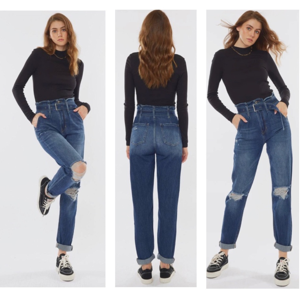 KanCan Ilena Paper Bag High Waisted Open Knee Belted Destroyed Mom Jeans 5 / 26